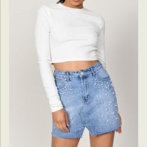 Tobi Denim Skirt with Pearl Beads
